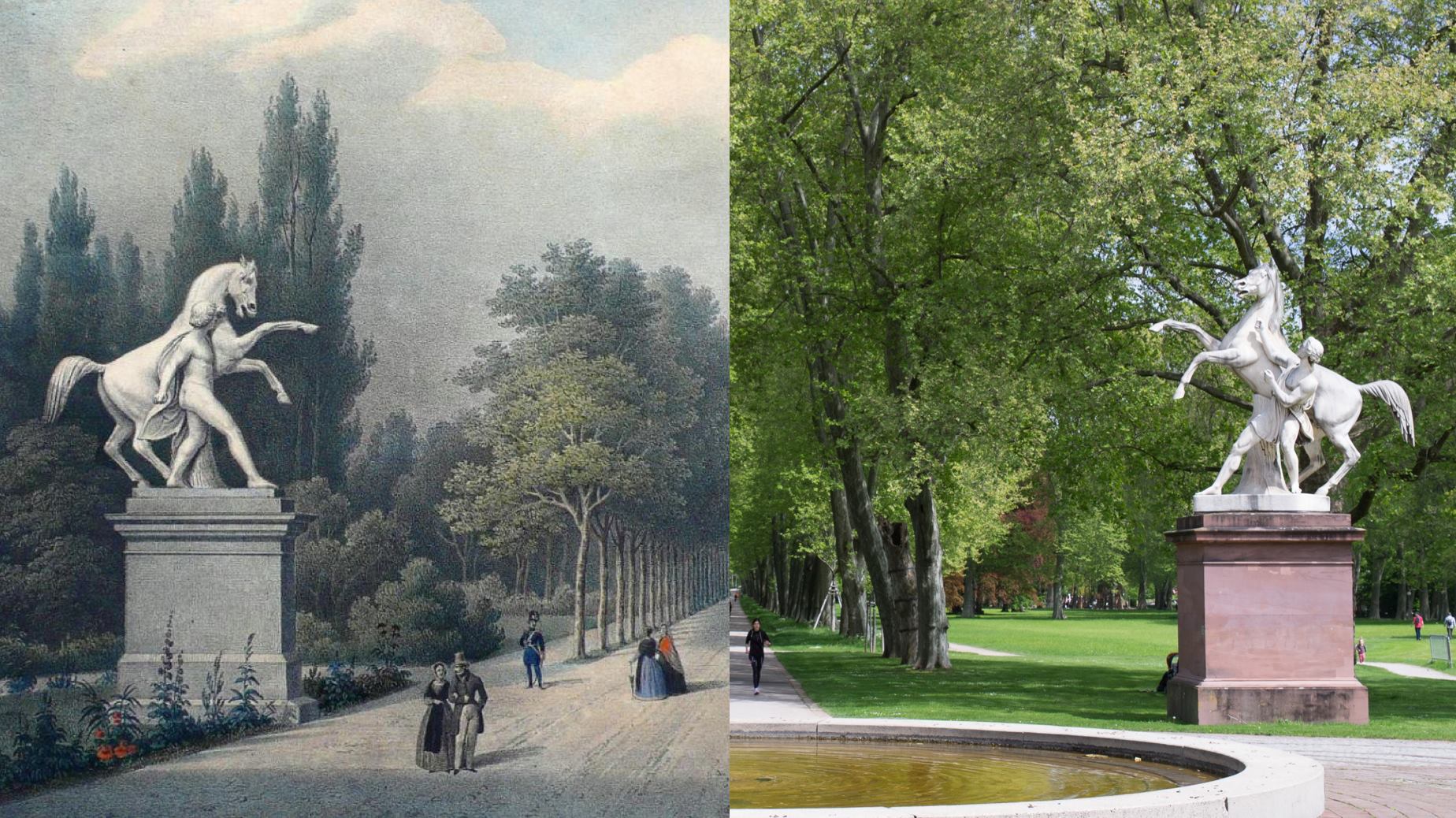 Rossebändiger von Ludwig Hofer am Beginn der Platanenallee 1850 und heute