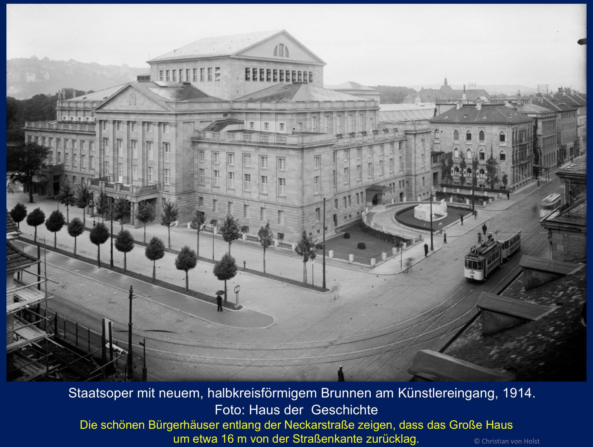 Max Littmann, Opernhaus, 1914 mit Schicksalsbrunnen an der Neckarstraße