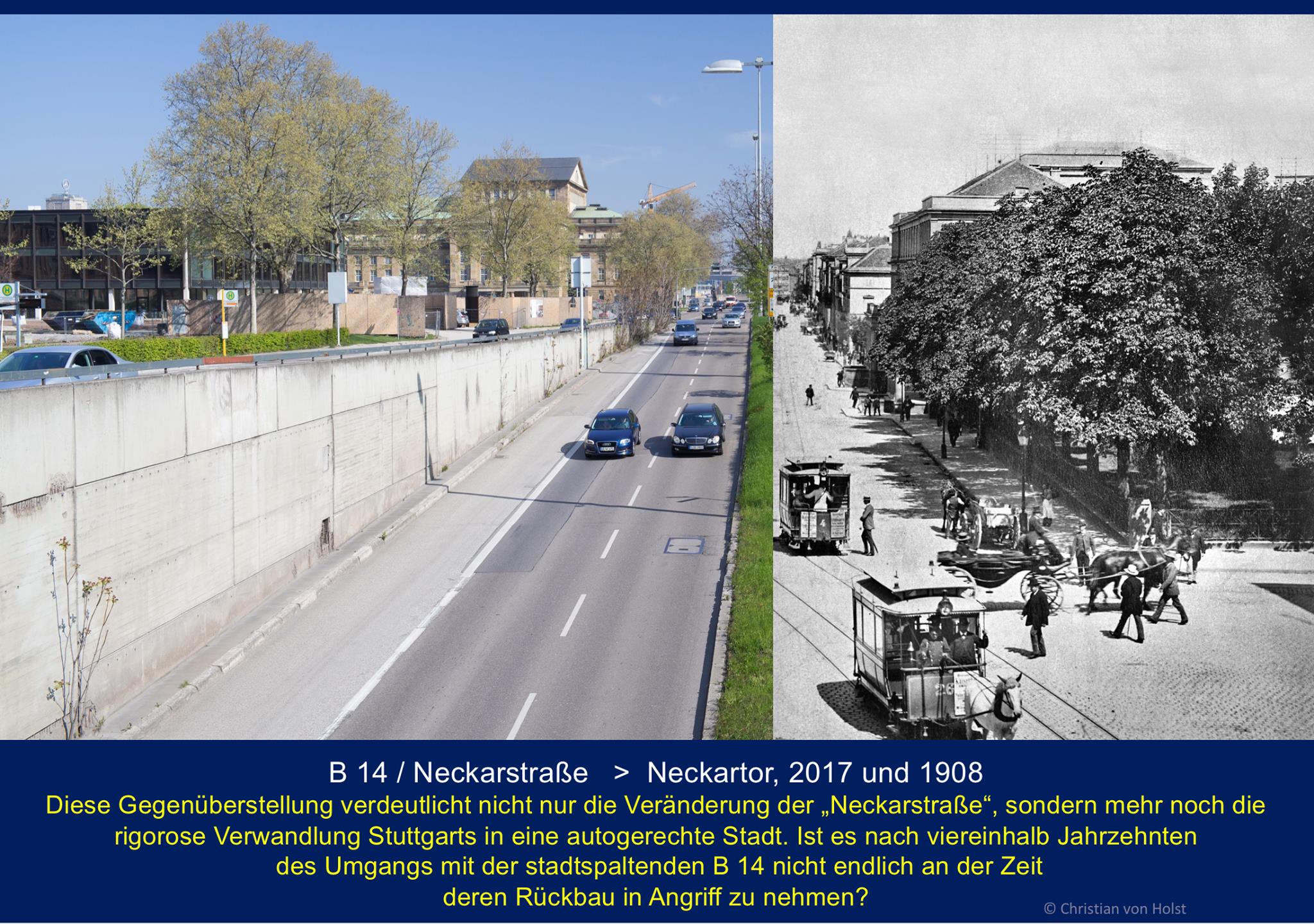 Stuttgarts B14 von heute in Fotomontage mit Neckarstraße von 1908