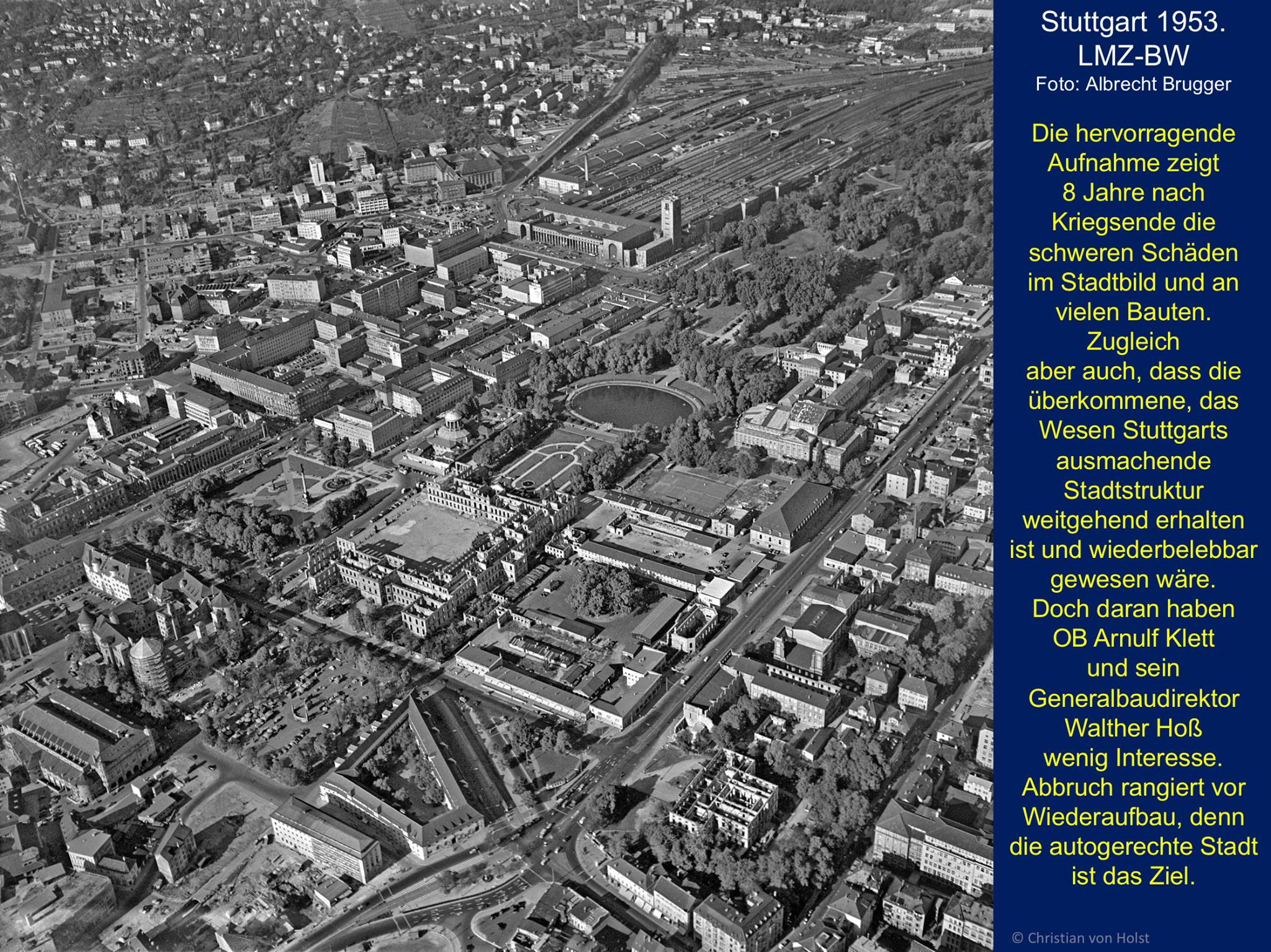 Stuttgarts kriegsversehrtes Kulturquartier im Luftbild von 1953