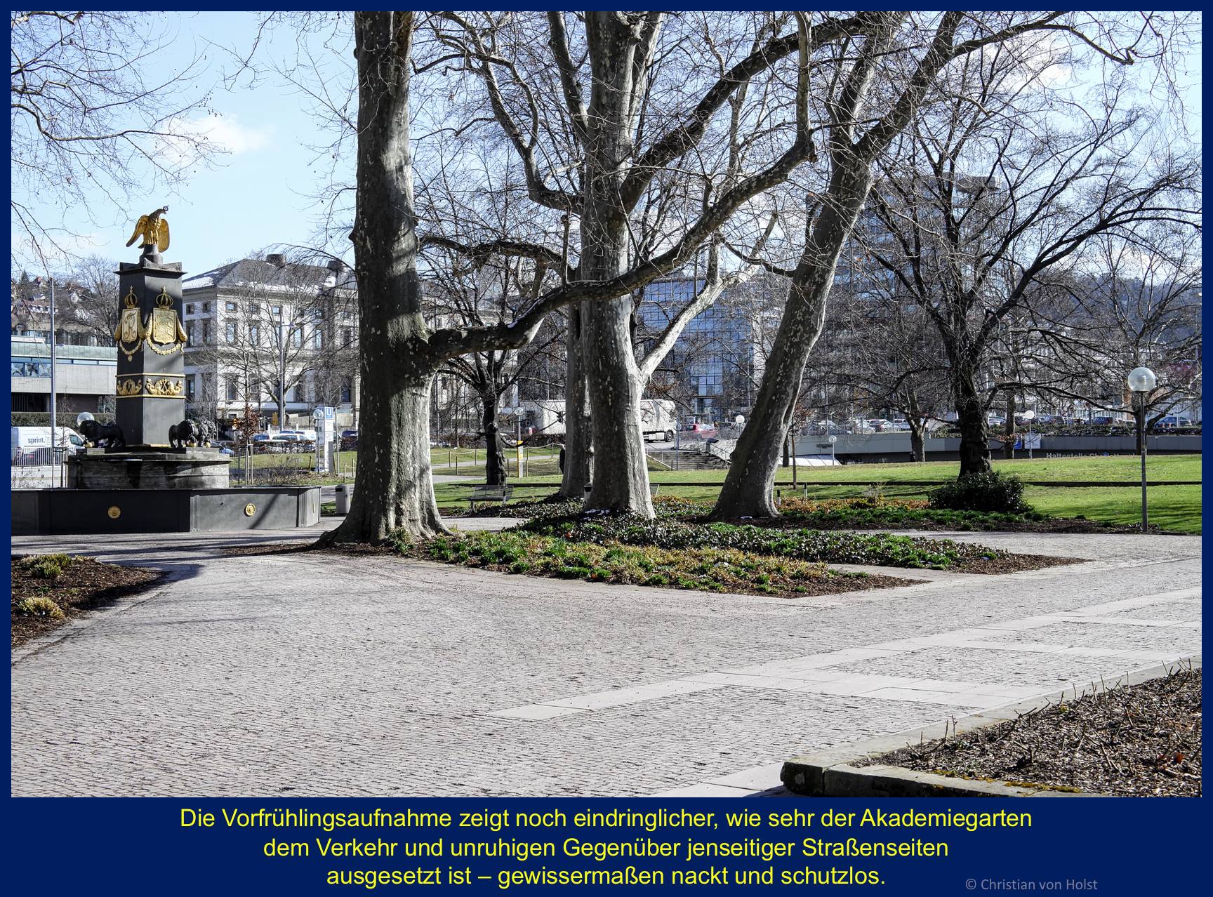 Carlsakademie: Akademiegarten und Löwenbrunnen – jenseits davon die rauschende B14