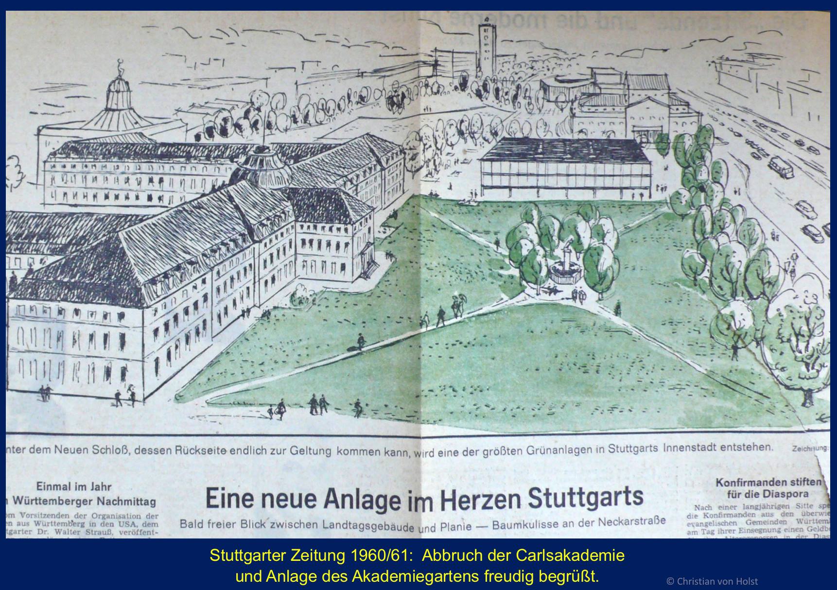 Carlsakademie: Akademiegarten und Löwenbrunnen – Skizze in der StZ 1960/61