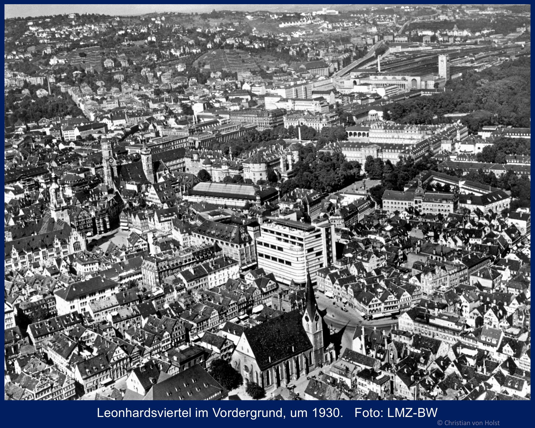 Luftbild des alten Zentrums von Stuttgart um 1930