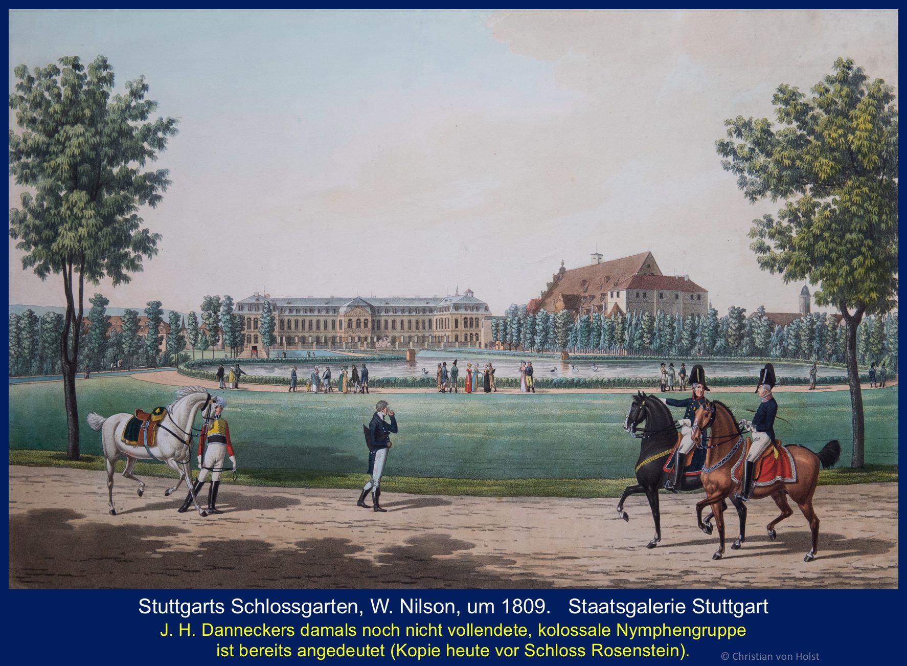 Ovalsee: Nikolaus Thouret, 1808-1850 – Schrägsicht auf den Ovalsee und das Neue Schloss um 1809 Staatsgalerie Stuttgart