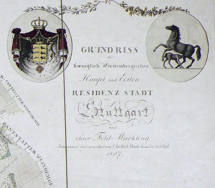 Stuttgart und Florenz von oben: Stadtplan von 1807 von Stuttgart mit dem Wappentier, einer Stute