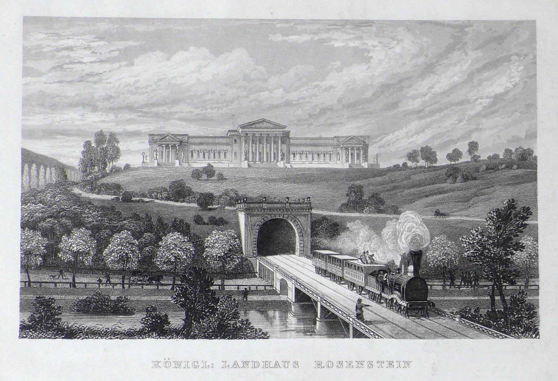 Neckarbrücke mit Bahn, Tunnel + Schloss Rosenstein um 1850