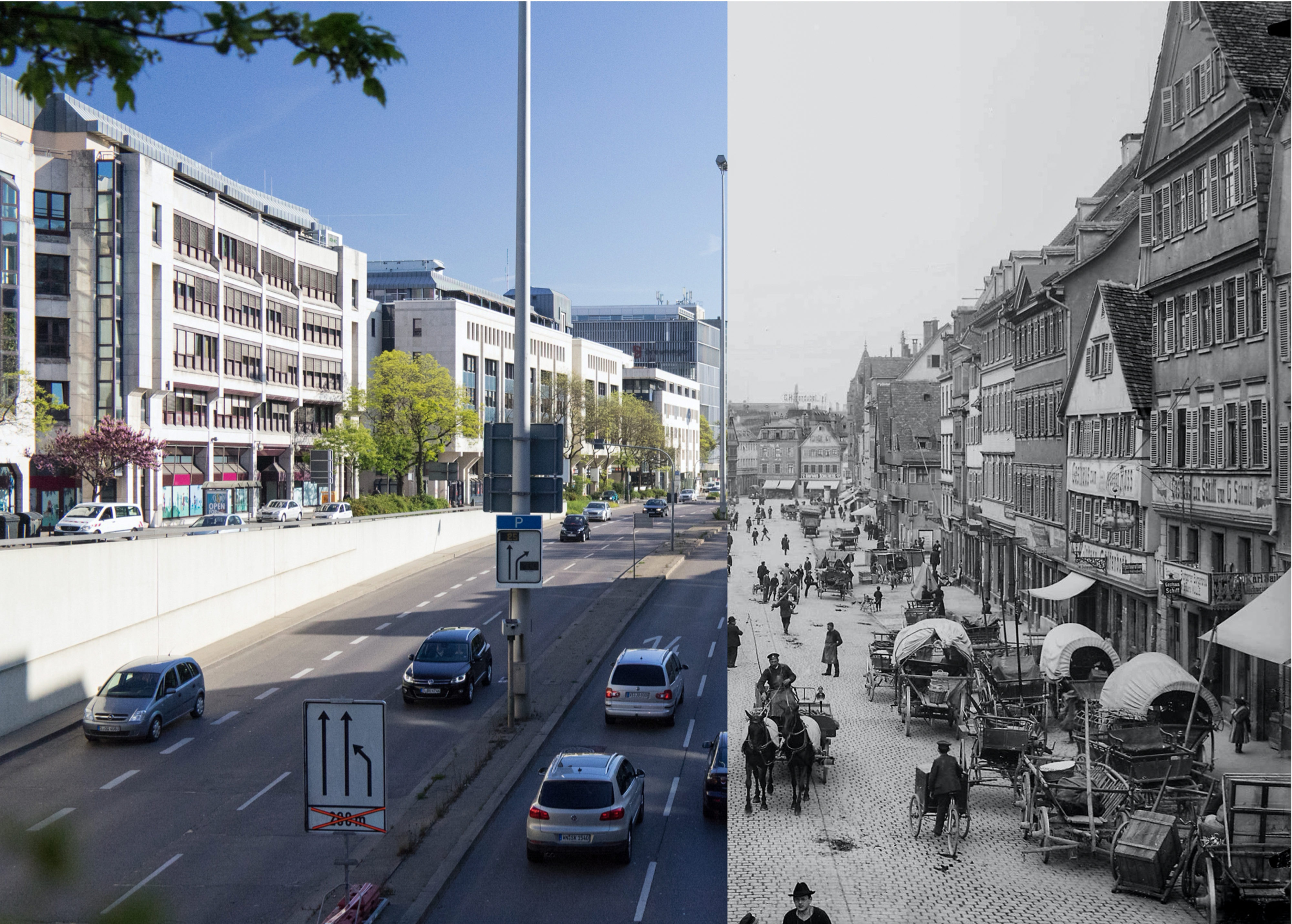 Hauptstätterstraße zweigeteilt – Bildmontage aus jetzigem und früherem Zustand