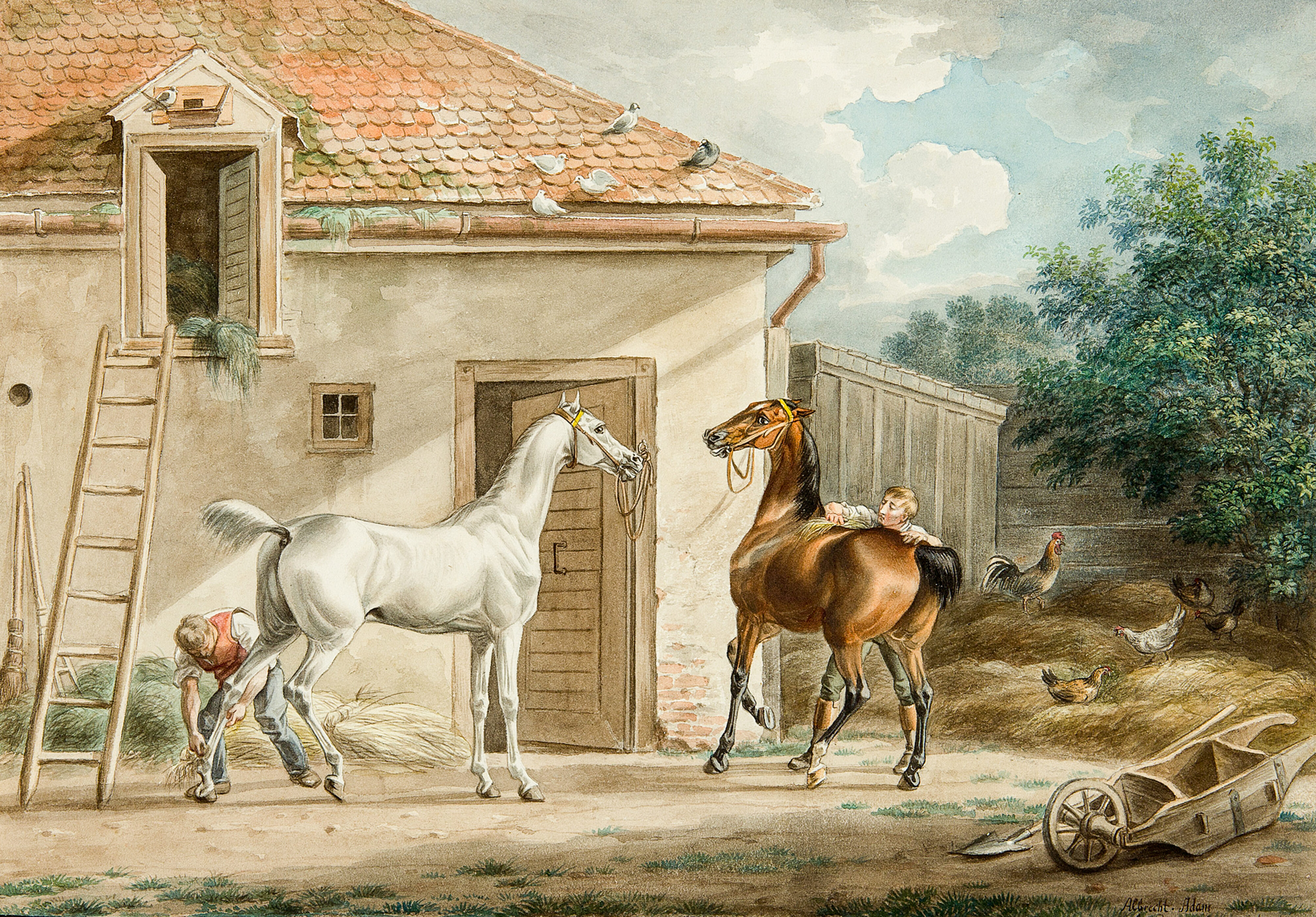 Albrecht Adam, Pferdebilder gegen 1825: Edle Pferde vor einem Stall