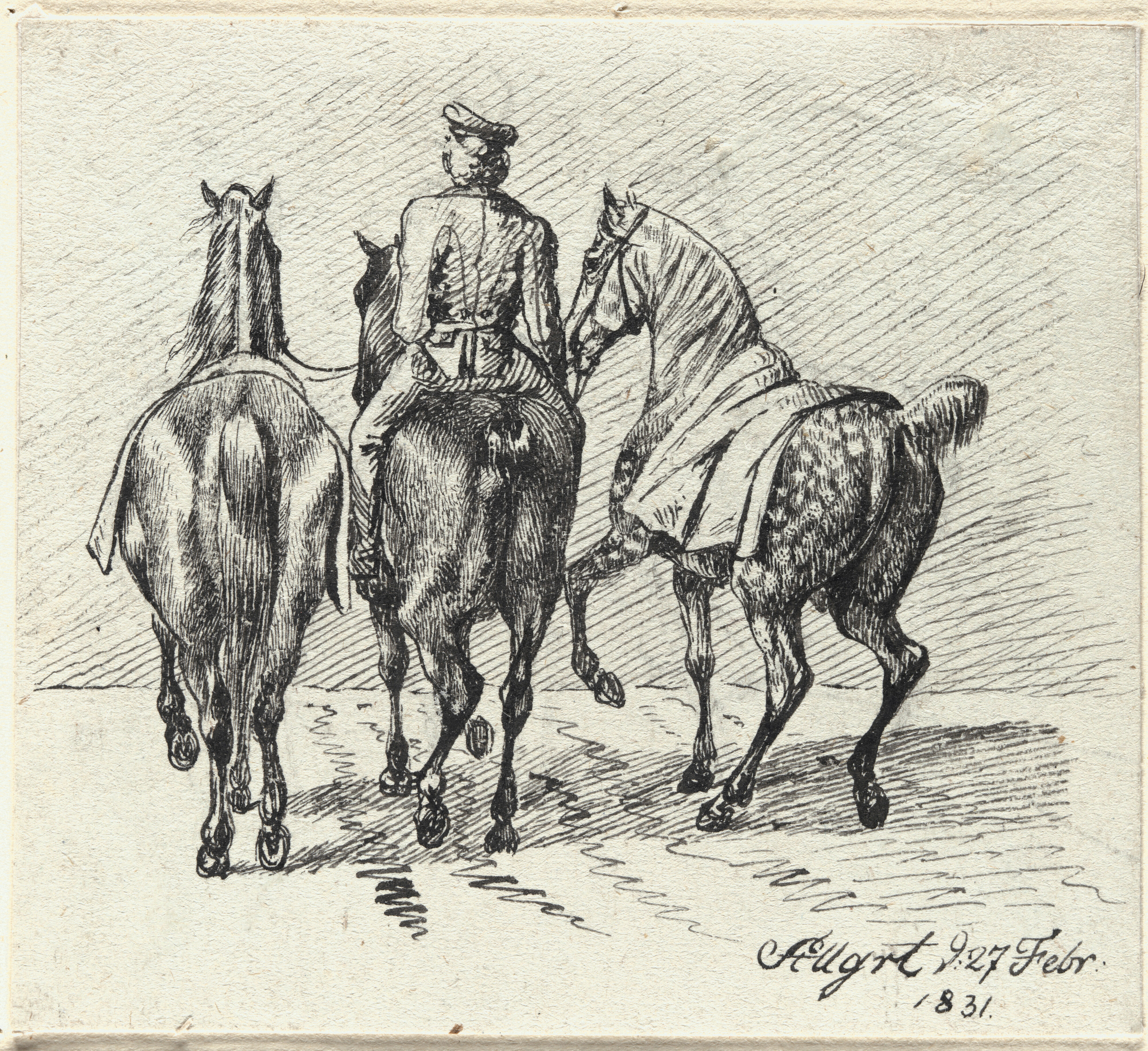 Albrecht Adam, Pferdeleben bei Stuttgart, Reiter mit zwei Handpferden