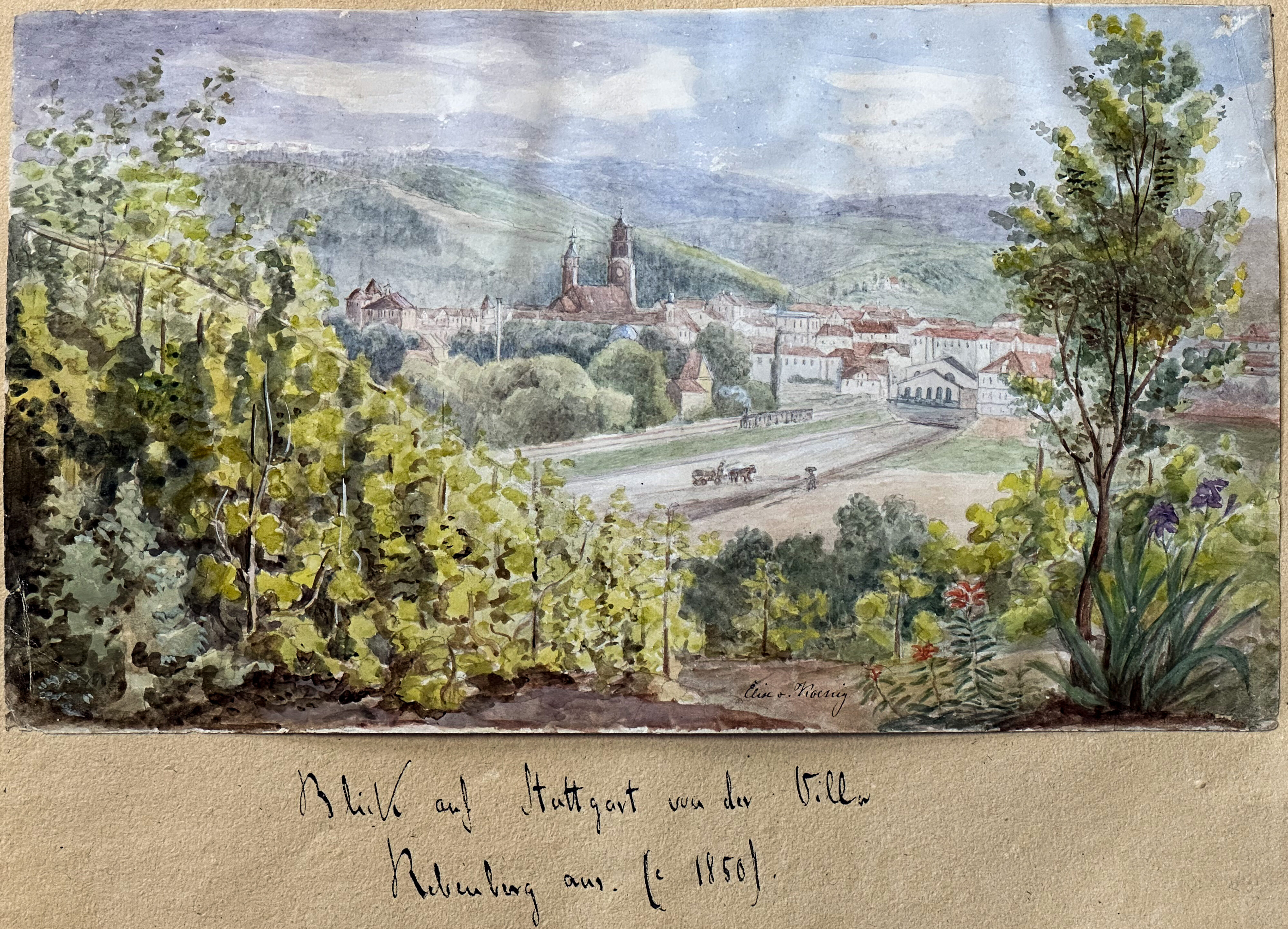 Schloss Fachsenfeld V – Rebenberg I.: Blick der Bauherrin Elise von Koenigs auf Stuttgart