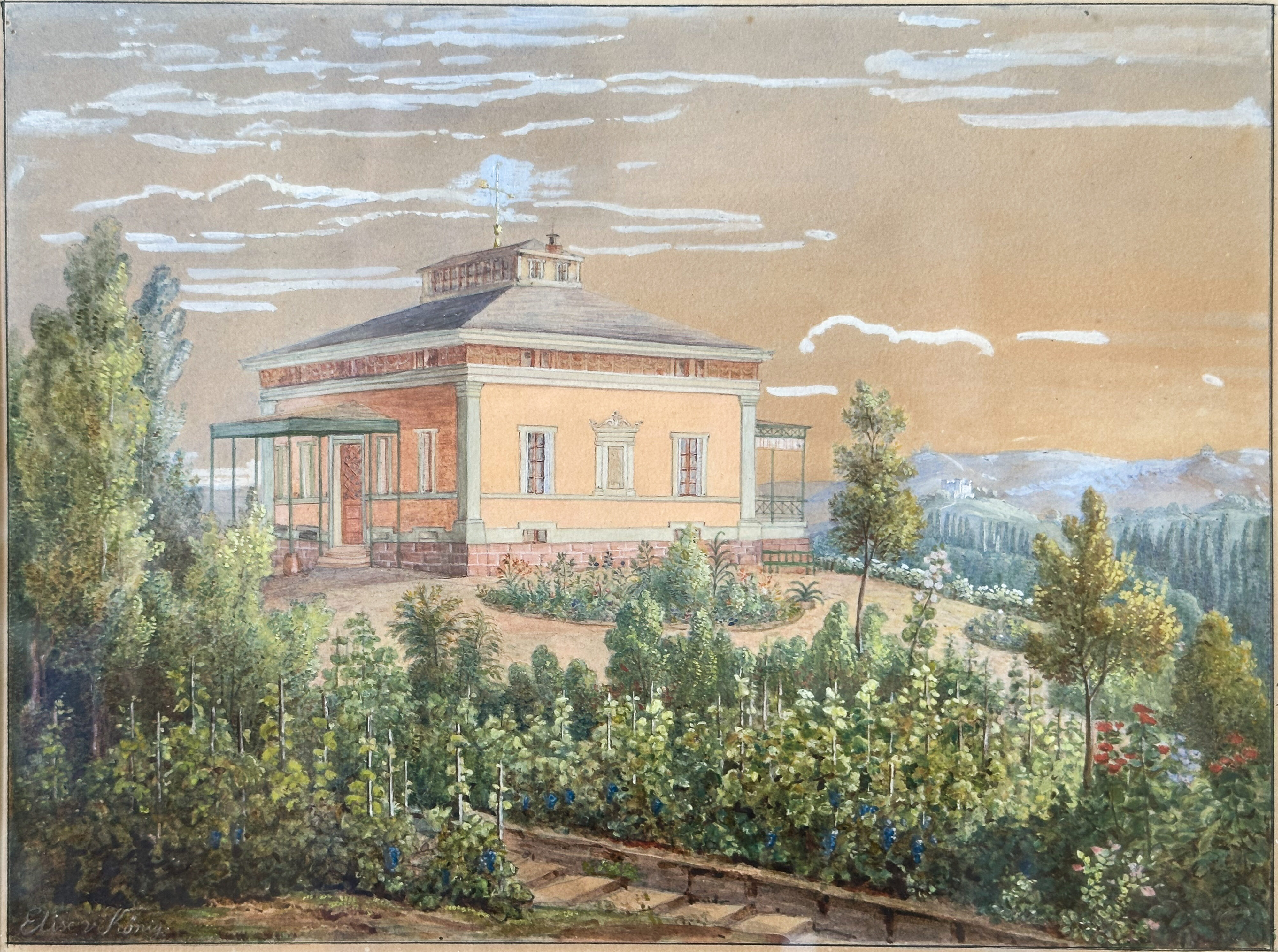 Schloss Fachsenfeld – Landhaus Rebenberg II: der Bau, gemalt von der Bauherrin Elise von Koenig