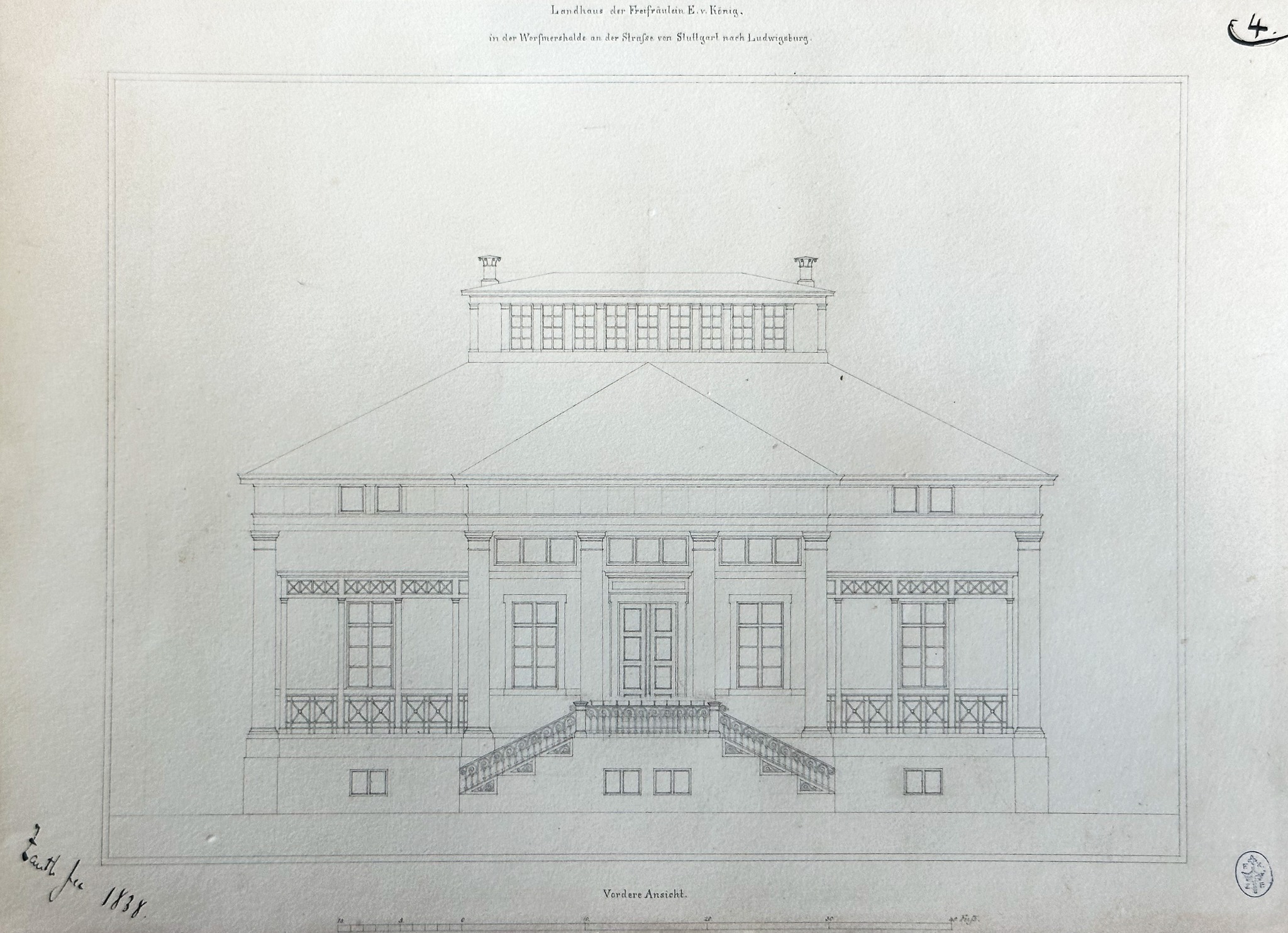 Schloss Fachsenfeld VII – Stuttgart, Landhaus Rebenberg III: der Bauantrag – Frontalansicht