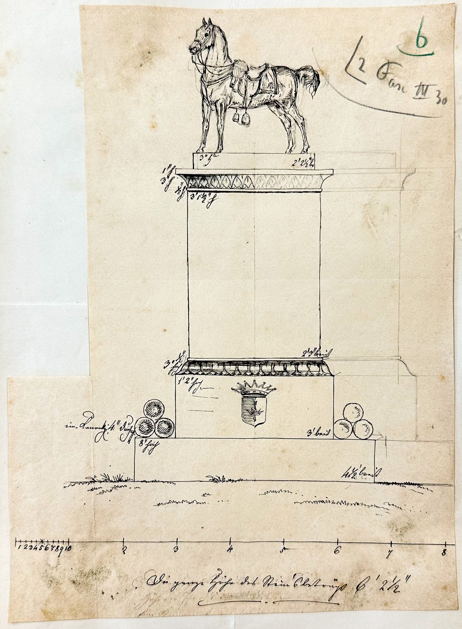 Schloss Fachsenfeld IV – Planungen für das Pferdedenkmal: Ausführungsentwurf, wohl von C. von Ebersberg