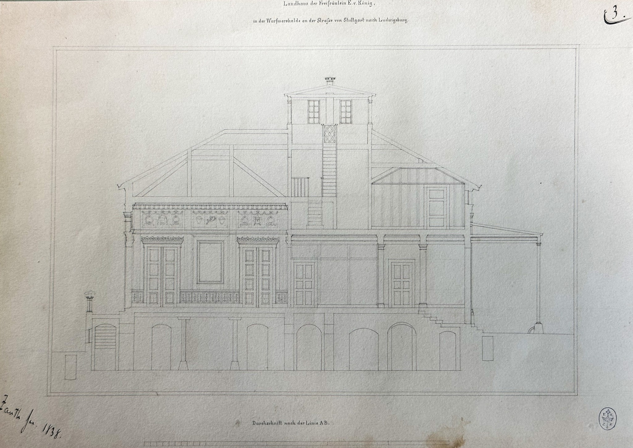 Schloss Fachsenfeld VII – Stuttgart, Landhaus Rebenberg III: der Bauantrag – Durchschnitt Mittelachse