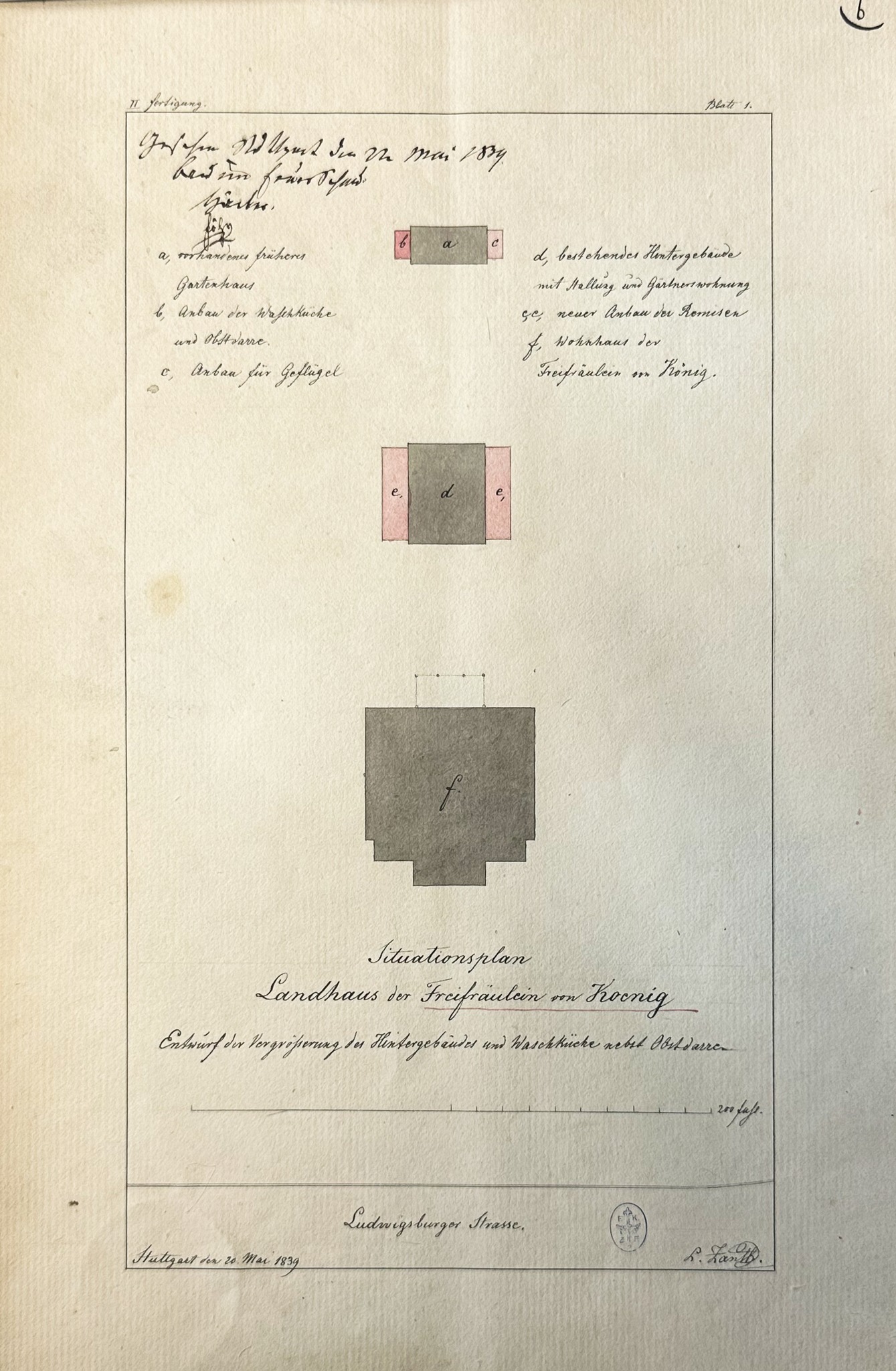 Schloss Fachsenfeld X – Stuttgart, Landhaus Rebenberg VI: Hintergebäude und Situationspläne – Ludwig Zanth