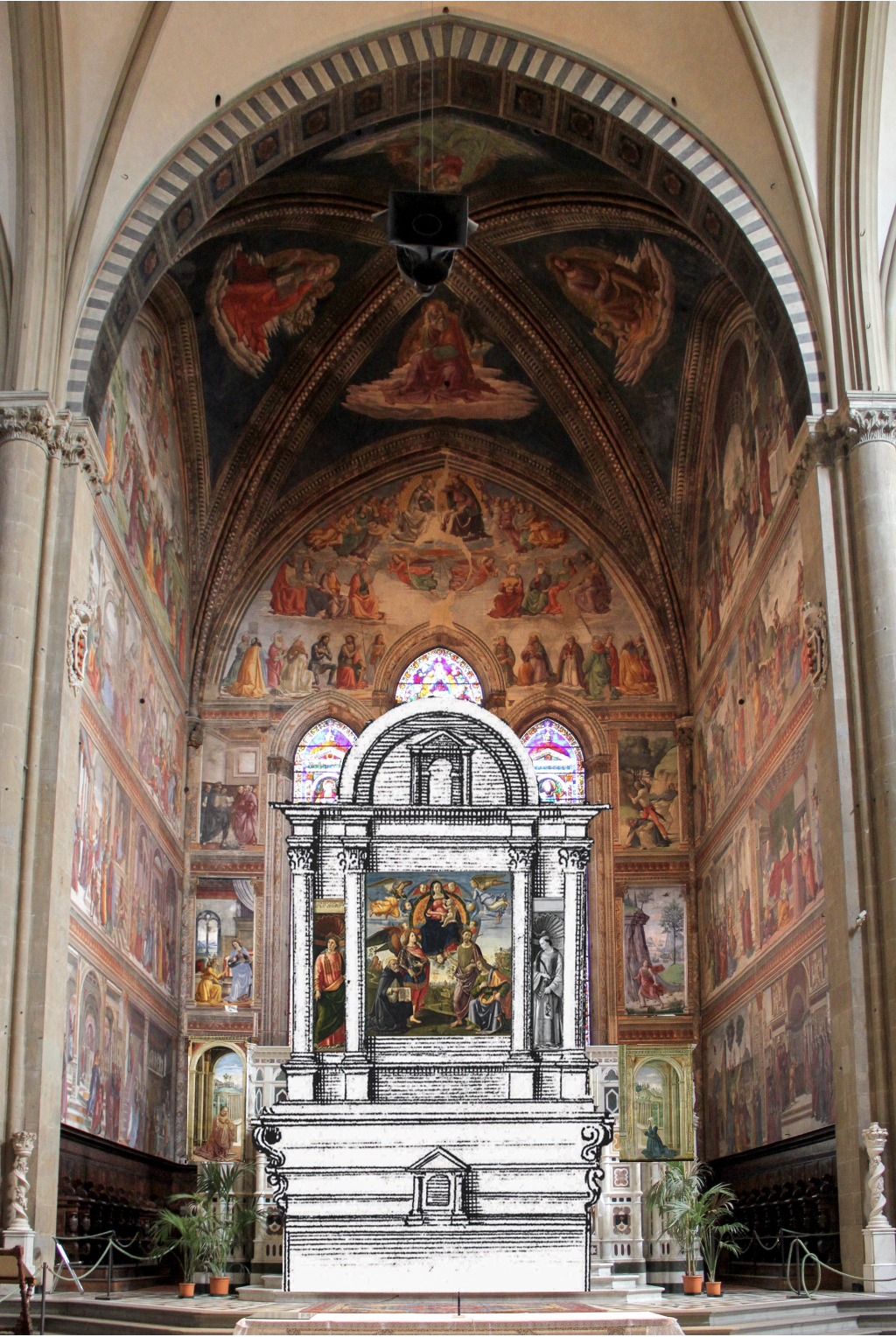Florenz – S. Maria Novella: Ghirlandaio, Cappella Tornabuoni, Rekonstruktion mit Hochaltar